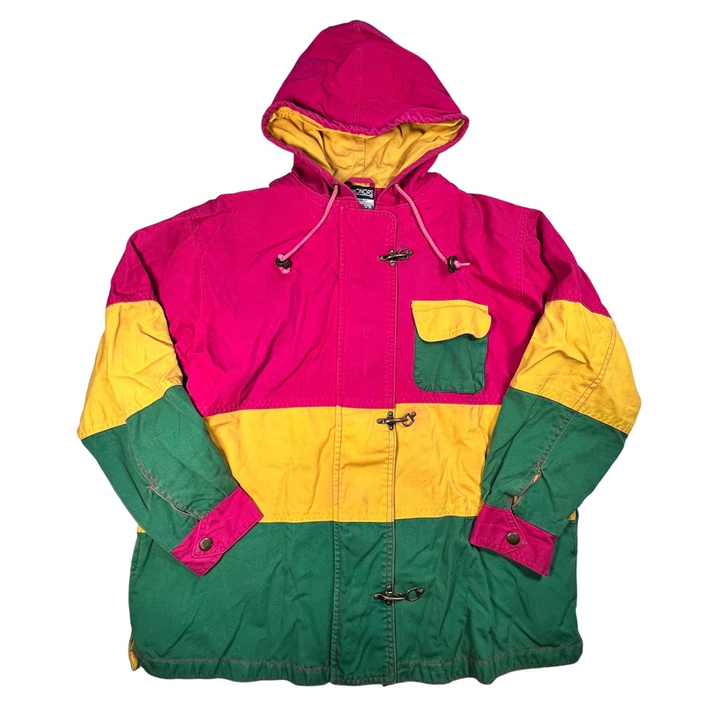 Honors Color Block Hooded Toggle Fisherman Jacket Pink Yellow Green XL 14 16 90s